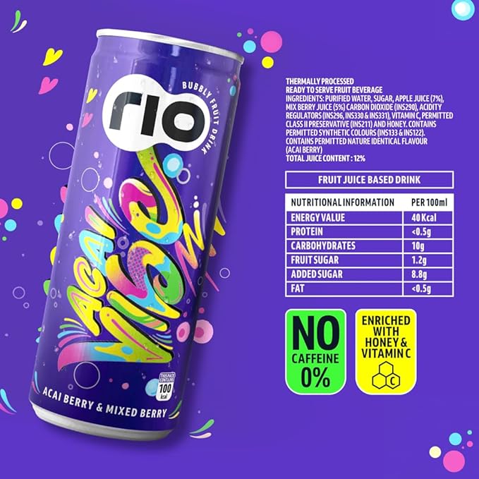 Rio Acai Berry Bubbly Fruit Drink Can | Soft Drink | Exotic Fruit Juice + Fizz | Rich in Vitamin C and Honey | Pack of 12 | 250 ml - Image 2