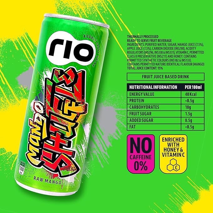 Rio Raw Mango Bubbly Fruit Drink Can | Soft Drink | Exotic Fruit Juice + Fizz | Rich In Vitamin C and Honey | Pack of 12 | 250 ml - Image 2
