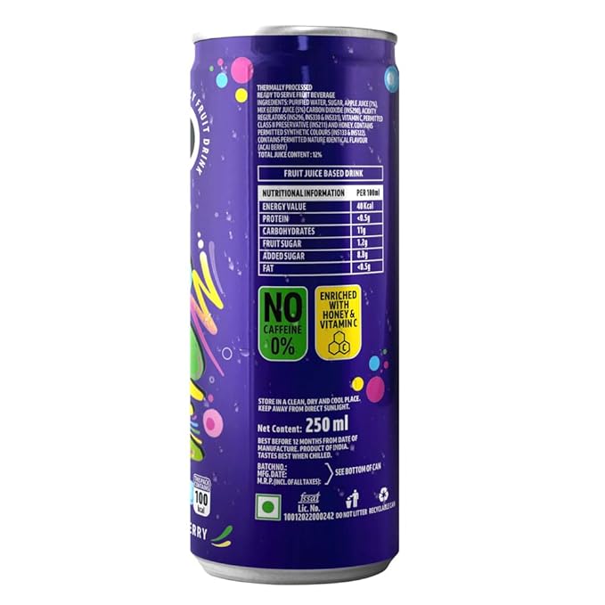 Rio Acai Berry Bubbly Fruit Drink Can | Soft Drink | Exotic Fruit Juice + Fizz | Rich in Vitamin C and Honey | Pack of 12 | 250 ml - Image 3
